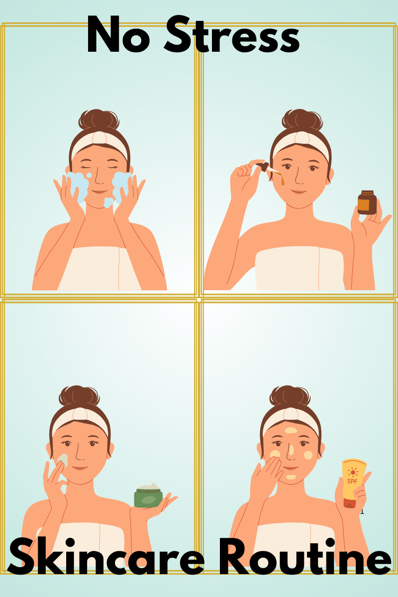 A woman in a cream towel demonstrating a simple skincare routine in four steps.